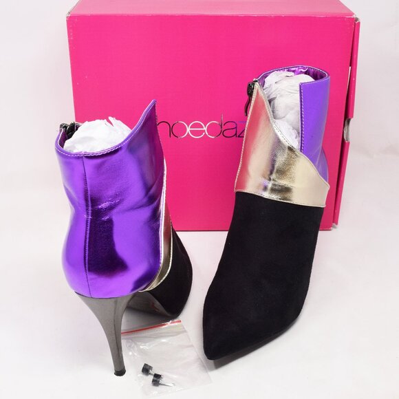 ShoeDazzle Suprema Booties Women 7 Black Purple Heels Closed Toe Colorblock Boot - Picture 1 of 11